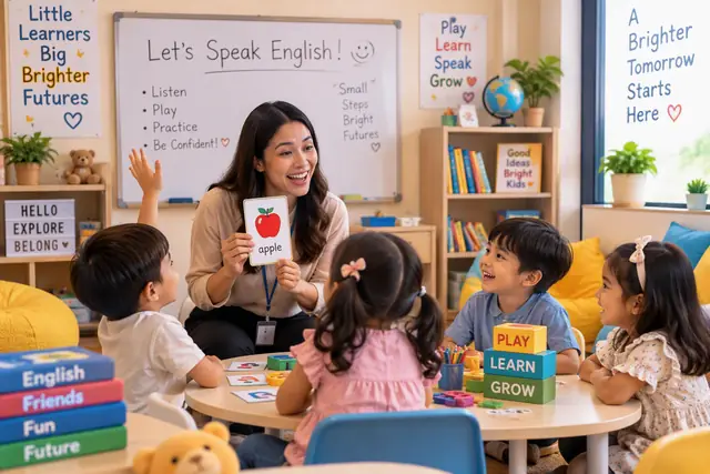Ilustrasi guru mengenalkan kosakata bahasa Inggris dengan kartu bergambar kepada anak-anak